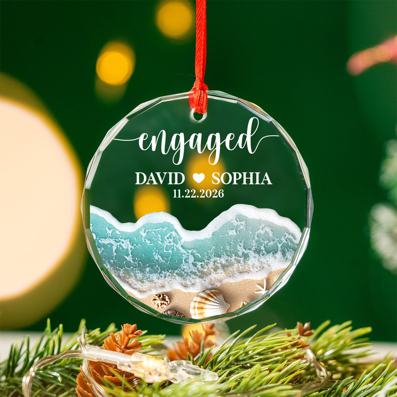 Custom Beach Engaged Ornament, Personalized Glass Ornament, First Christmas Engaged Gift