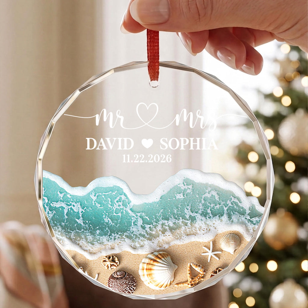 Custom Beach Engaged Ornament, Personalized Glass Ornament, First Christmas Engaged Gift