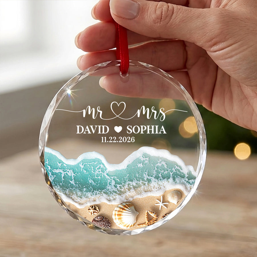 Custom Beach Engaged Ornament, Personalized Glass Ornament, First Christmas Engaged Gift