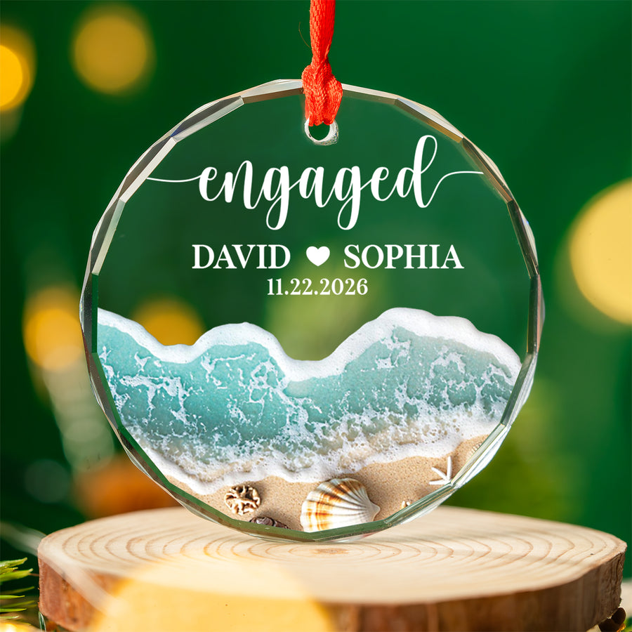 Custom Beach Engaged Ornament, Personalized Glass Ornament, First Christmas Engaged Gift