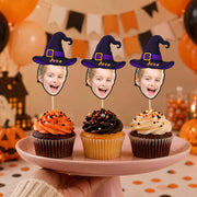 Custom Photo With Witch Hat Cupcake Topper, Personalized Cupcake Topper, Funny Party Decor
