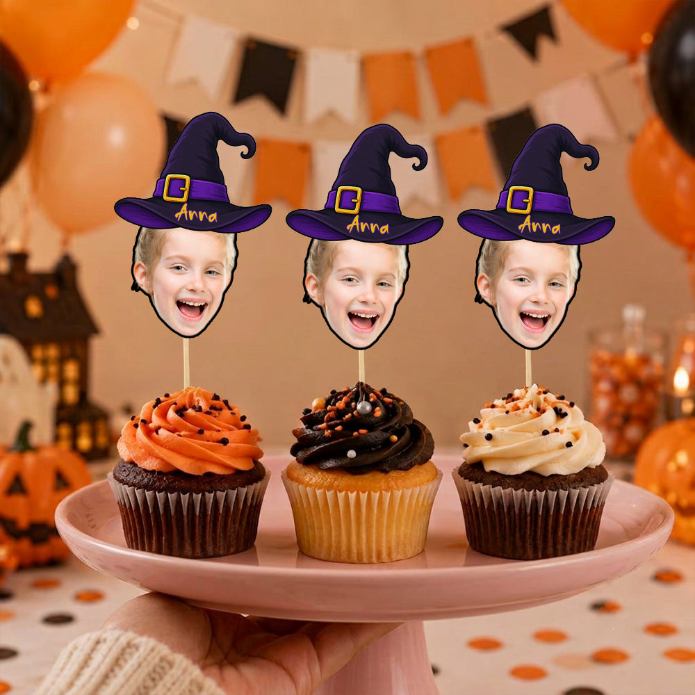 Custom Photo With Witch Hat Cupcake Topper, Personalized Cupcake Topper, Funny Party Decor