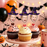 Custom Photo With Witch Hat Cupcake Topper, Personalized Cupcake Topper, Funny Party Decor