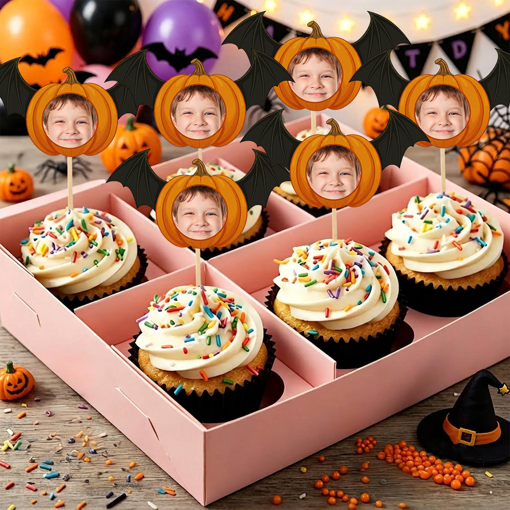 Custom Photo With Pumpkin Hat Cupcake Topper, Personalized Cupcake Topper, Funny Party Decor