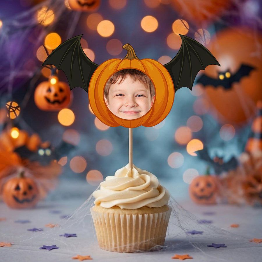 Custom Photo With Pumpkin Hat Cupcake Topper, Personalized Cupcake Topper, Funny Party Decor