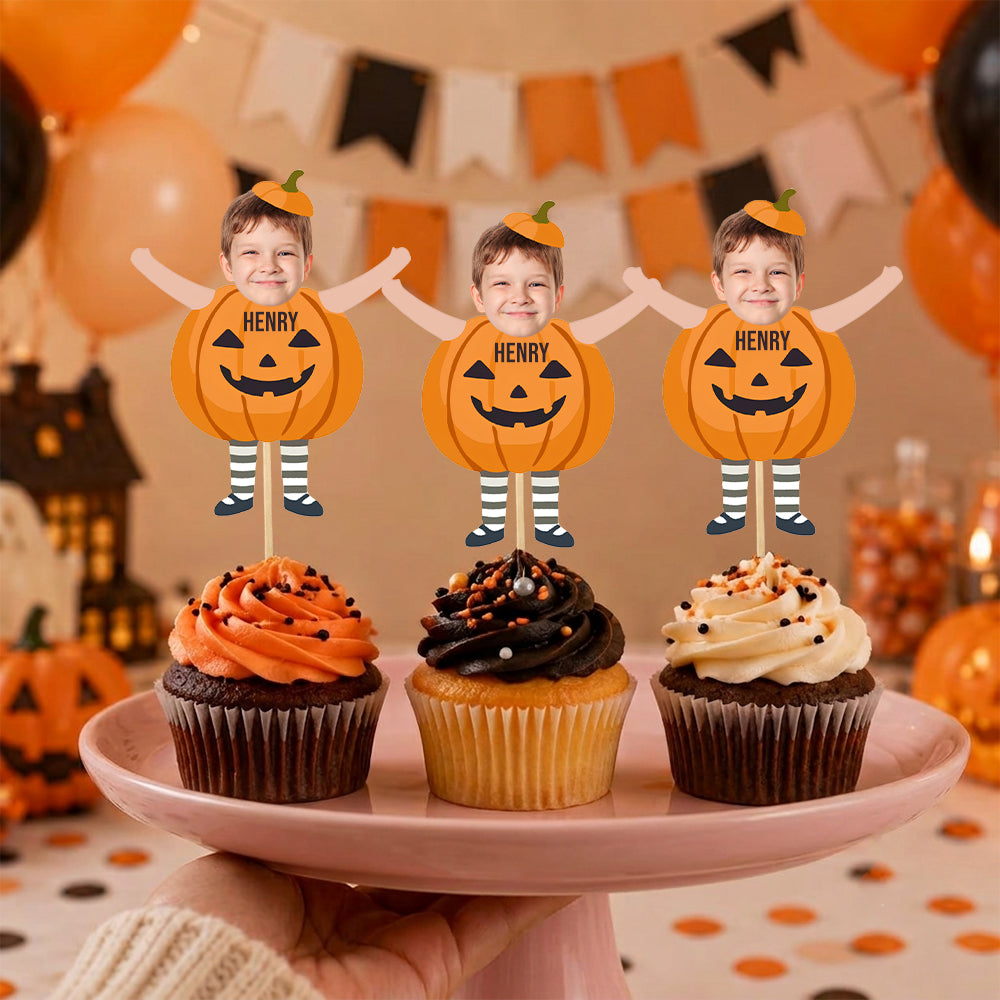 Custom Photo With Pumpkin Cupcake Topper, Personalized Cupcake Topper, Funny Party Decorations