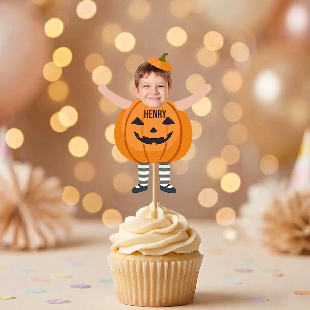 Custom Photo With Pumpkin Cupcake Topper, Personalized Cupcake Topper, Funny Party Decorations