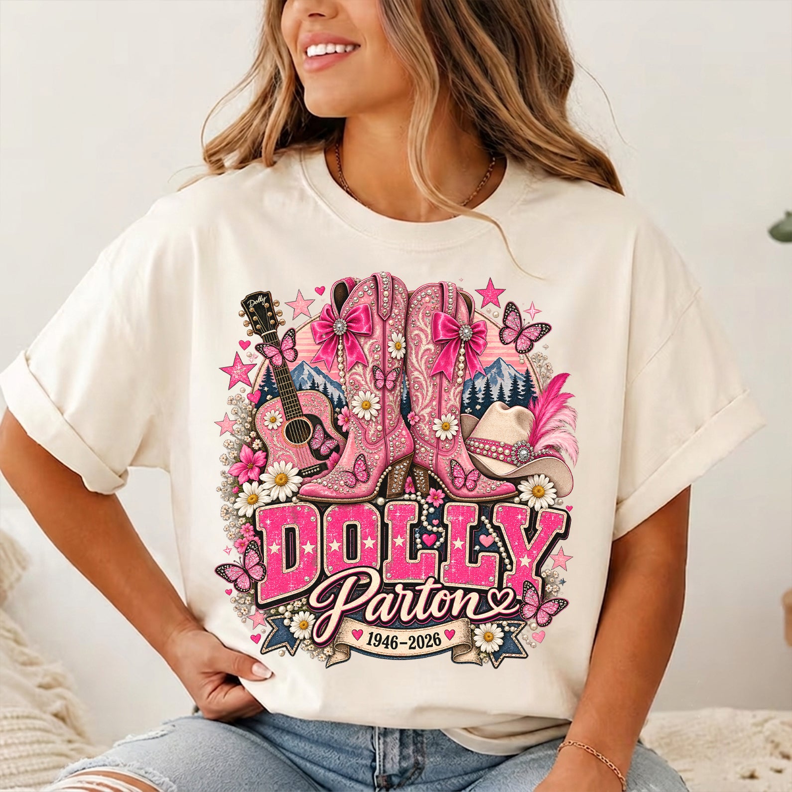 Vintage Dolly Parton T-Shirt - Pink Country Boots & Western Graphic Tee, Dolly Parton Inspired Shirt, Dolly Patrons Memorial Shirt