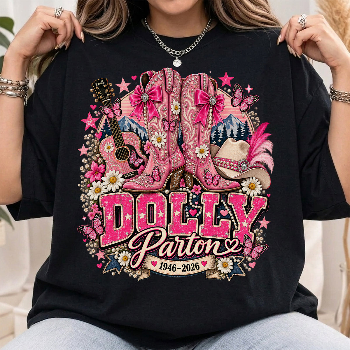 Vintage Dolly Parton T-Shirt - Pink Country Boots & Western Graphic Tee, Dolly Parton Inspired Shirt, Dolly Patrons Memorial Shirt