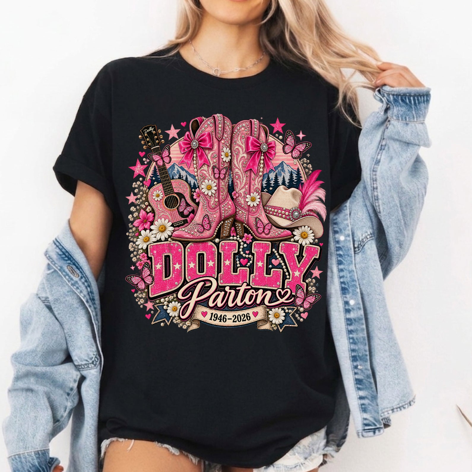 Vintage Dolly Parton T-Shirt - Pink Country Boots & Western Graphic Tee, Dolly Parton Inspired Shirt, Dolly Patrons Memorial Shirt