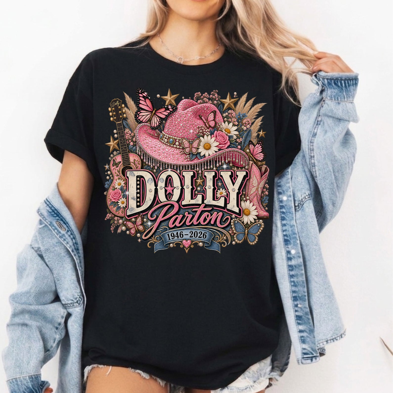 Vintage Dolly Parton T-Shirt, Pink Cowgirl Hat & Acoustic Guitar Western Shirt, Dolly Parton Memorial Shirt