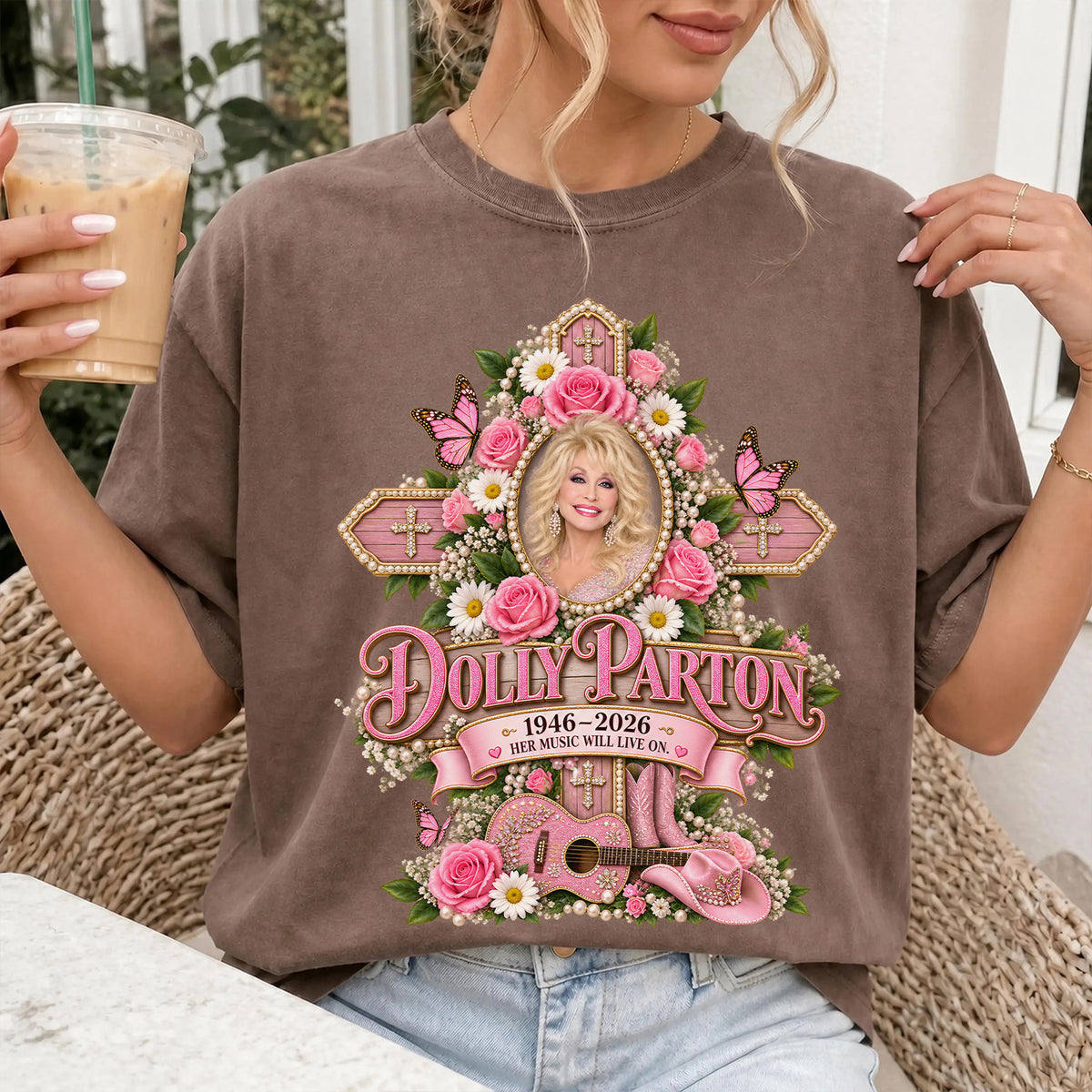 Dolly Parton "Her Music Will Live On" Tribute Comfort Shirt, Flowers & Guitar Country Tee, Dolly Parton Memorial Shirt
