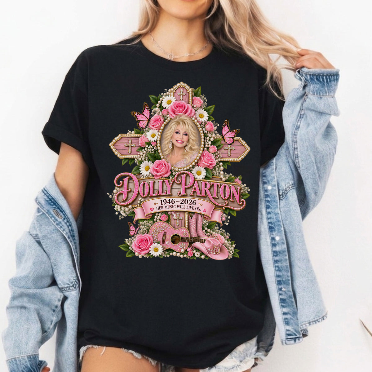 Vintage Dolly Parton Memorial Shirt, Pink Cross & Floral "Her Music Will Live On" Tee