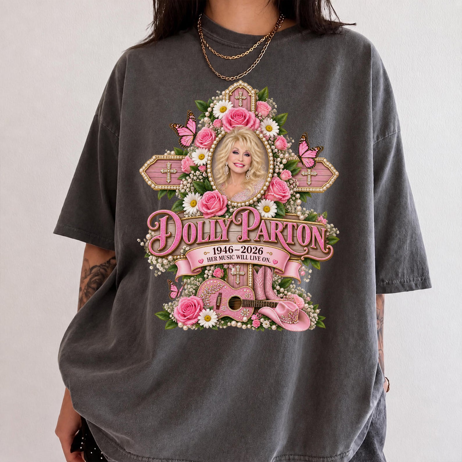 Dolly Parton "Her Music Will Live On" Tribute Comfort Shirt, Flowers & Guitar Country Tee, Dolly Parton Memorial Shirt