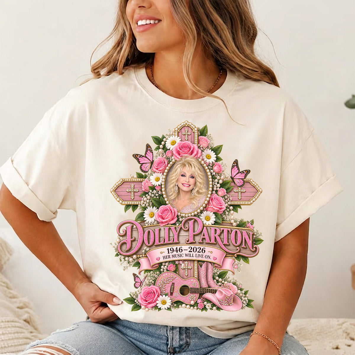 Vintage Dolly Parton Memorial Shirt, Pink Cross & Floral "Her Music Will Live On" Tee