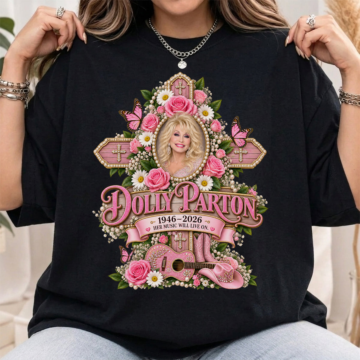 Vintage Dolly Parton Memorial Shirt, Pink Cross & Floral "Her Music Will Live On" Tee
