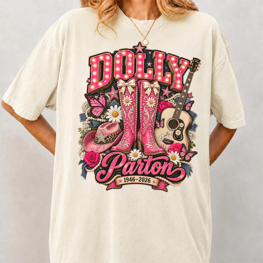 Retro Pink Cowgirl Shirt, Dolly Parton Memorial Comfort Shirt, Country Music Fan Gift, Retro Pink Boots Shirt
