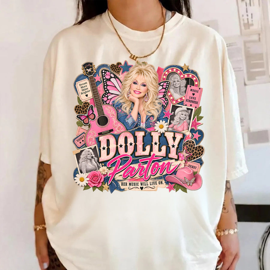 Her Music Will Live On Comfort Shirt, Retro Pink Cowgirl Shirt, Dolly Parton Memorial Shirt, Country Music Legend Apparel