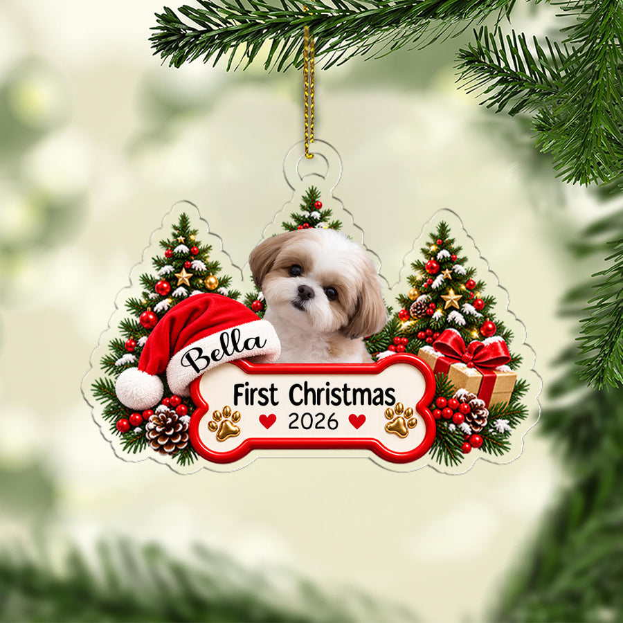 Custom Pet Photo My First Christmas 2026 Acrylic Ornament