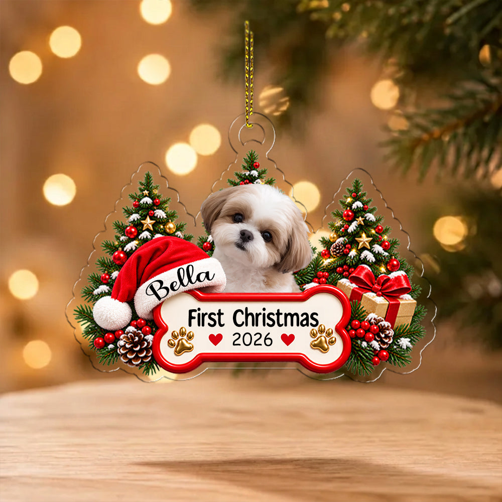Custom Pet Photo My First Christmas 2026 Acrylic Ornament
