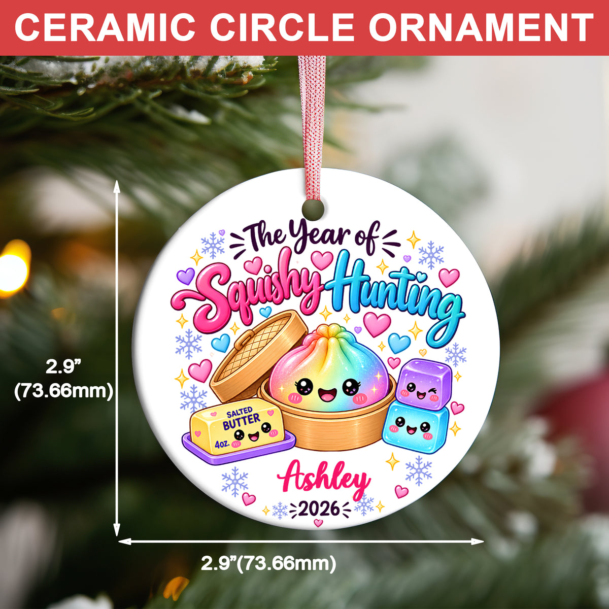 Personalized Squishy Christmas Ornament 2026, Kids Name Dumpling Ornament, Year of Squishy Hunting Keepsake