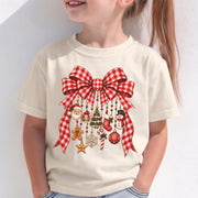 Christmas Bow Ornament Shirt, Red Gingham Bow Graphic Tee, Vintage Christmas T-Shirt, Cute Holiday Gift for Women