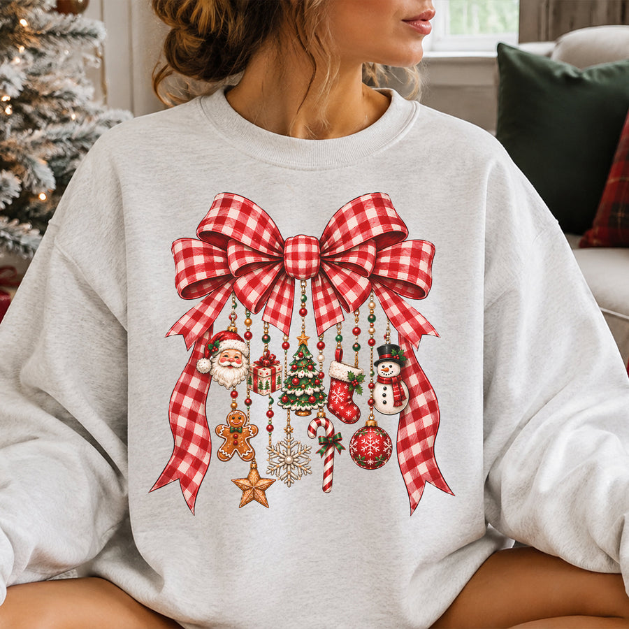 Christmas Bow Ornament Shirt, Red Gingham Bow Graphic Tee, Vintage Christmas T-Shirt, Cute Holiday Gift for Women