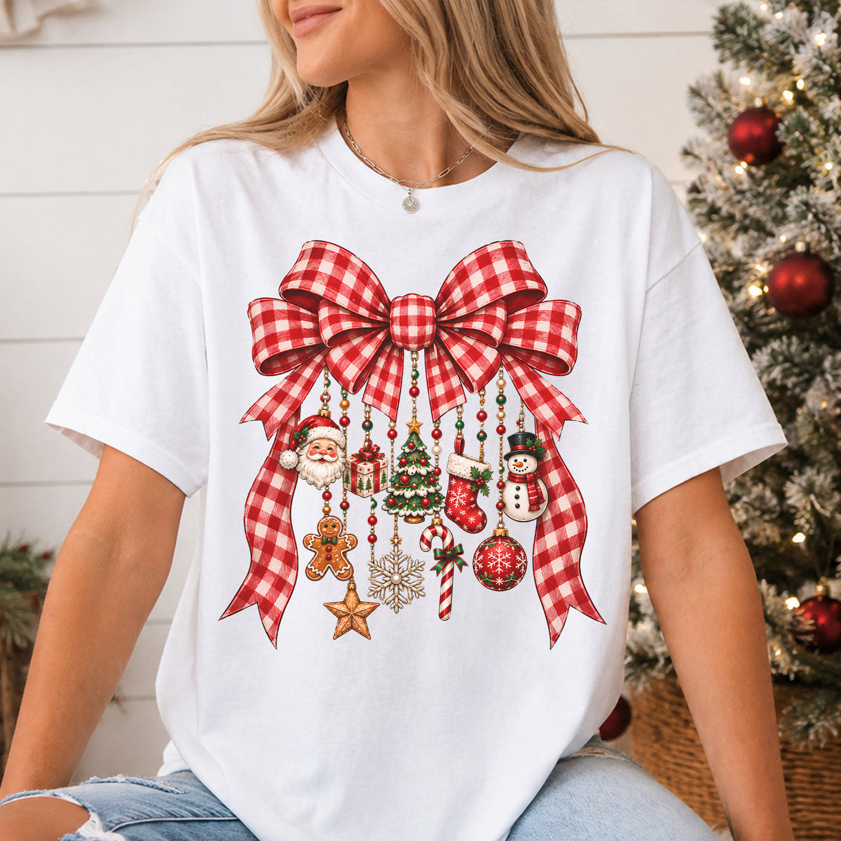 Christmas Bow Ornament Shirt, Red Gingham Bow Graphic Tee, Vintage Christmas T-Shirt, Cute Holiday Gift for Women