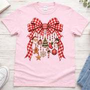 Christmas Bow Ornament Shirt, Red Gingham Bow Graphic Tee, Vintage Christmas T-Shirt, Cute Holiday Gift for Women