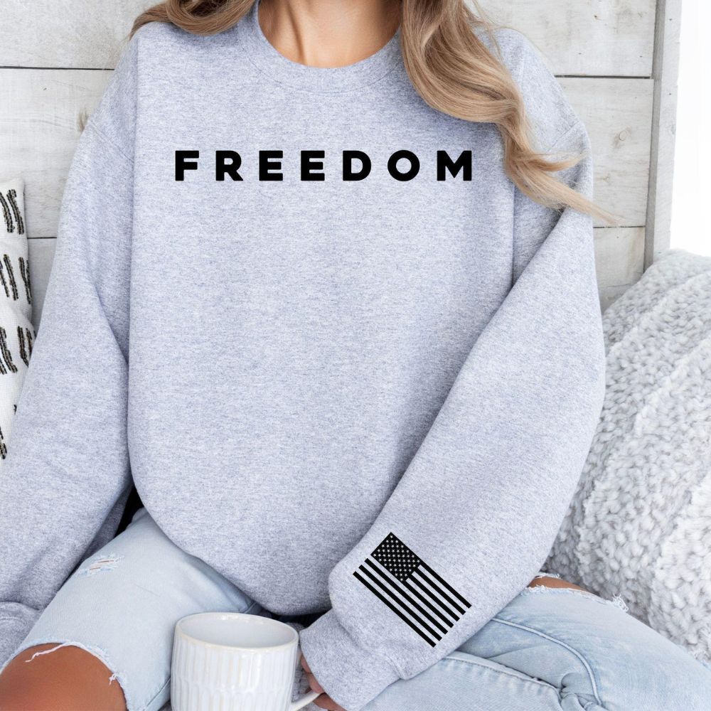 Freedom Right Sleeve Imprint Sweatshirt, American Flag, Patriotic Apparel