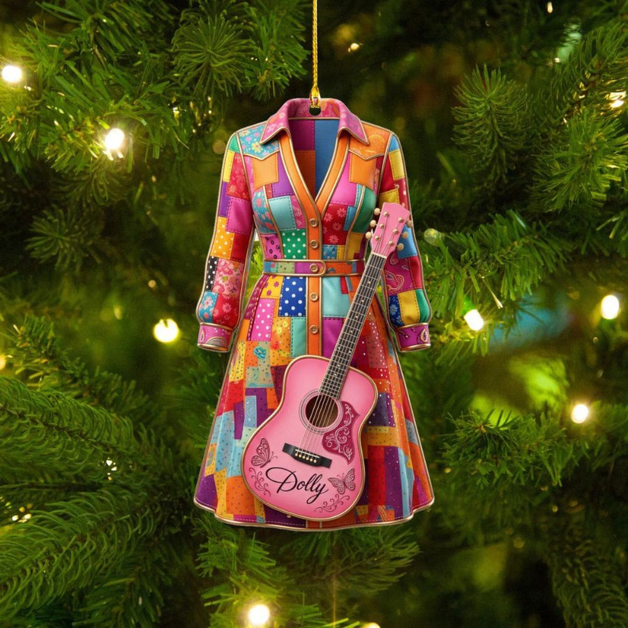 Dolly Coat of Many Colors Acrylic Ornament, Dolly Pink Guitar Ornament, Christmas Gift For Country Music Fan