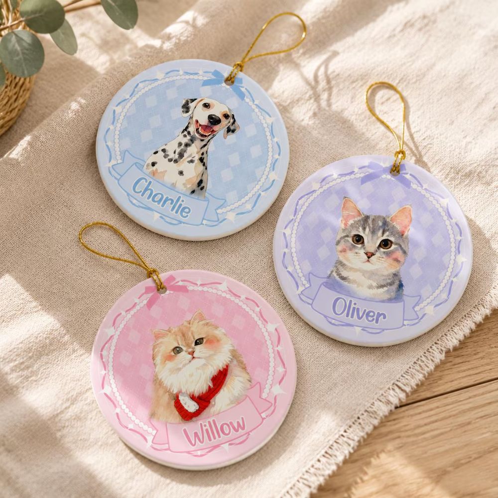 Custom Pet Photo Ornament, Personalized Watercolor Dog Cat Ornament, Pet Loss Memorial Gift, Sympathy Gift
