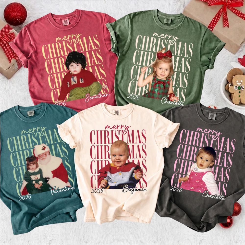 Custom Vintage Photo Christmas Comfort Shirt, Personalized Name Matching Family Party Shirts