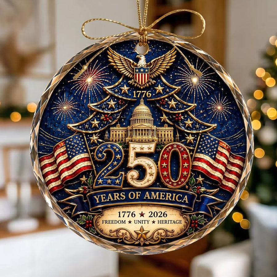 250th America Glass Ornament, Patriotic Family Christmas Ornament, USA Flag Ornament