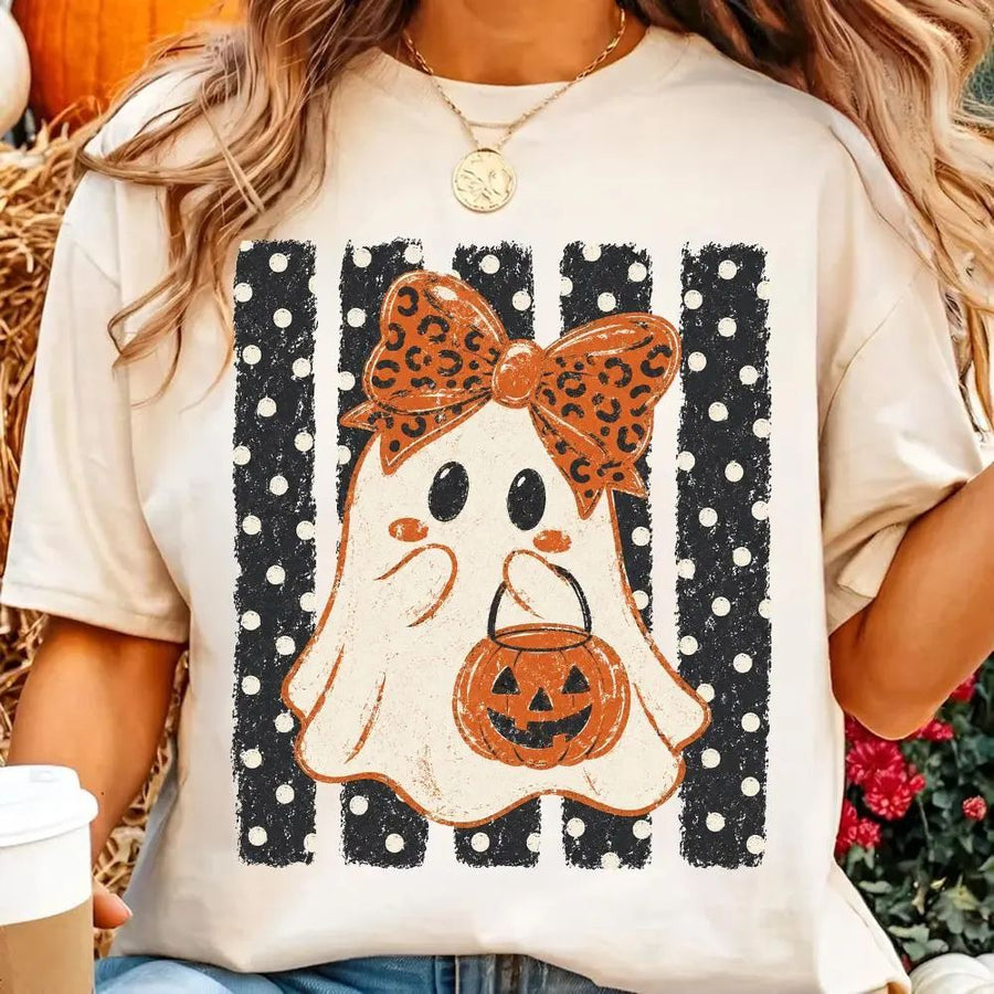 Preppy Halloween Ghost Polka Dots Shirt, Halloween Pumpkin Shirt, Cute Ghost Boo, Spooky Season