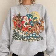 Vintage Santa Sleigh Christmas Sweatshirt, Cute Reindeer Holiday Crewneck, Retro Christmas Sweater