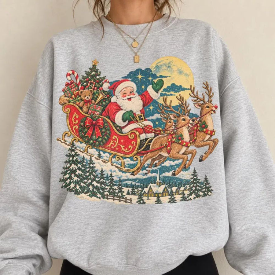 Vintage Santa Sleigh Christmas Sweatshirt, Cute Reindeer Holiday Crewneck, Retro Christmas Sweater