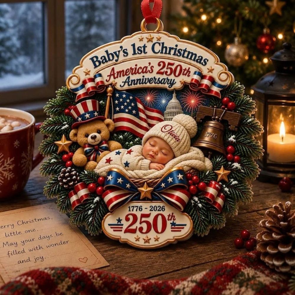 Personalized Baby's 1st Christmas, 250th America Anniversary Acrylic Ornament, New Baby Ornament, Patriotic Ornament Gift