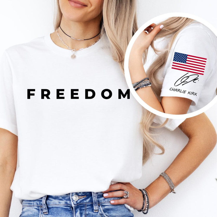 Charlie Kirk Freedom Right Sleeve Print T Shirt, American Flag, Charlie Kirk Memorial Shirt