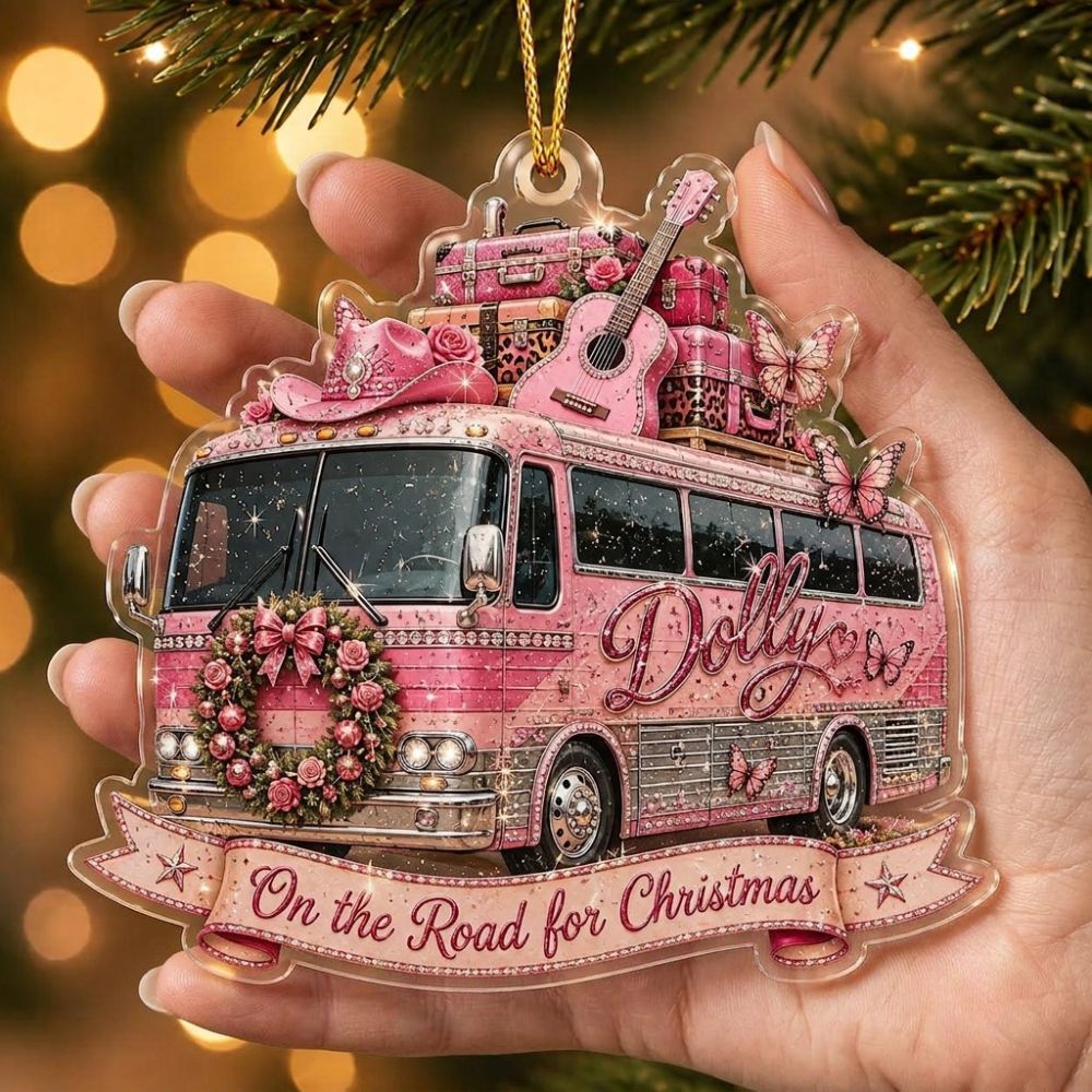 Dolly Parton Tour Bus Acrylic Ornament, Pink Guitar Cowgirl Christmas Ornament, Holiday Tree Decor Gift