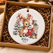Bow Reindeer Ornament, Personalized Ceramic Ornament, Custom Gift For Christmas