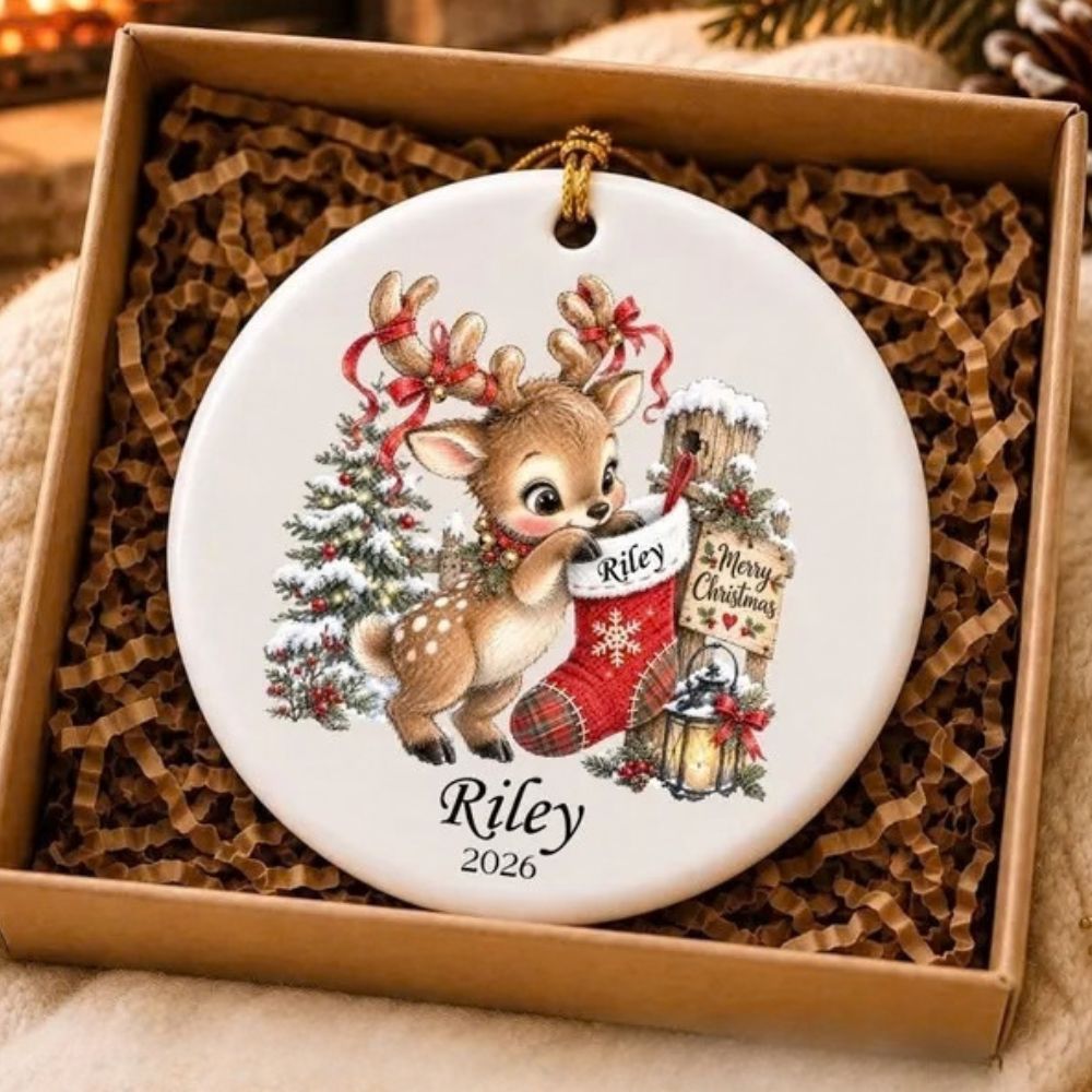 Bow Reindeer Ornament, Personalized Ceramic Ornament, Custom Gift For Christmas