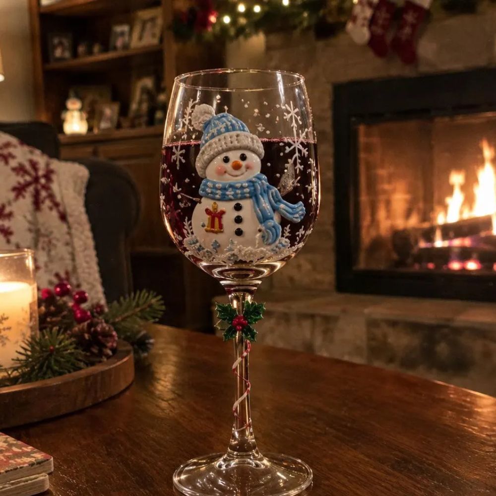 Christmas Wine Glasses Set of 6, Painted Holiday Wine Glass, Santa Snowman Wreath Glasses, Christmas Gift Box, Festive Glassware