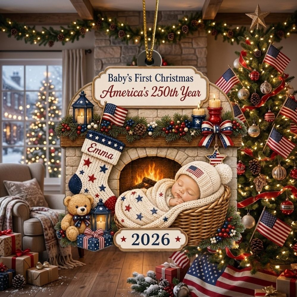 Personalized Baby's 1st Christmas 250th America Anniversary Ornament, New Baby Acrylic Ornament, Patriotic Ornament