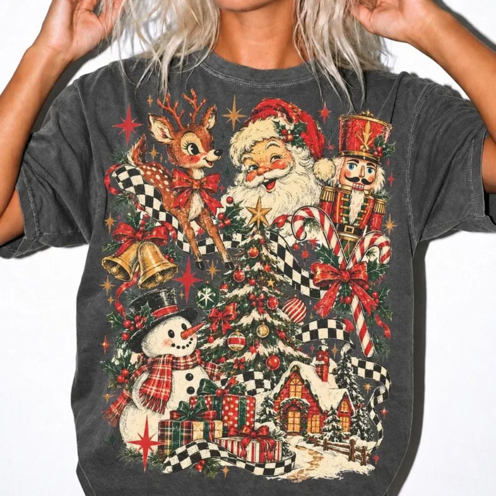 Retro Christmas, Vintage Christmas Collage, Santa Reindeer Nutcracker Snowman, Distressed Christmas