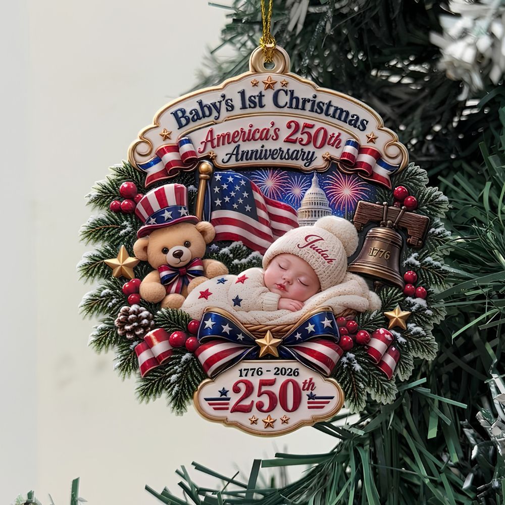 Personalized Baby's 1st Christmas, 250th America Anniversary Acrylic Ornament, New Baby Ornament, Patriotic Ornament Gift