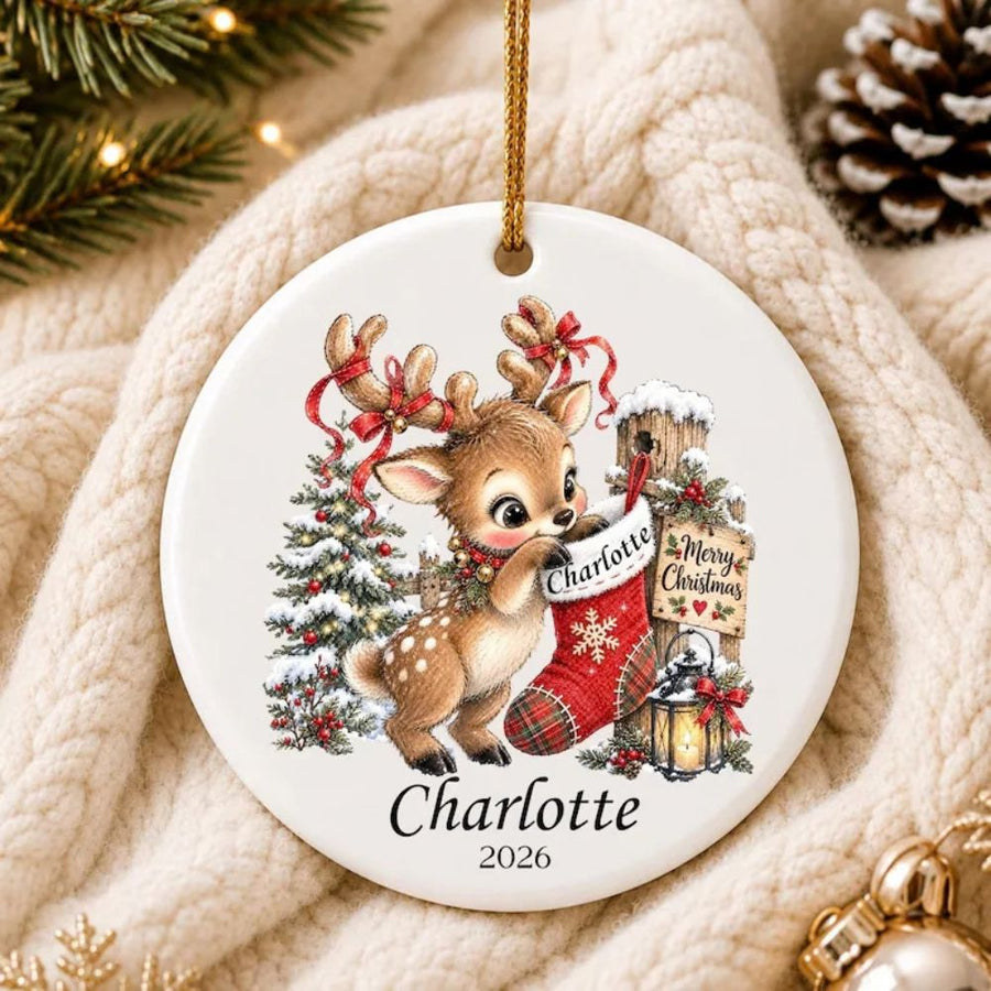 Bow Reindeer Ornament, Personalized Ceramic Ornament, Custom Gift For Christmas