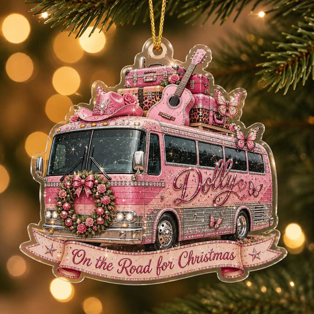 Dolly Parton Tour Bus Acrylic Ornament, Pink Guitar Cowgirl Christmas Ornament, Holiday Tree Decor Gift