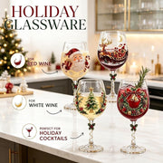 Christmas Wine Glasses Set of 6, Painted Holiday Wine Glass, Santa Snowman Wreath Glasses, Christmas Gift Box, Festive Glassware
