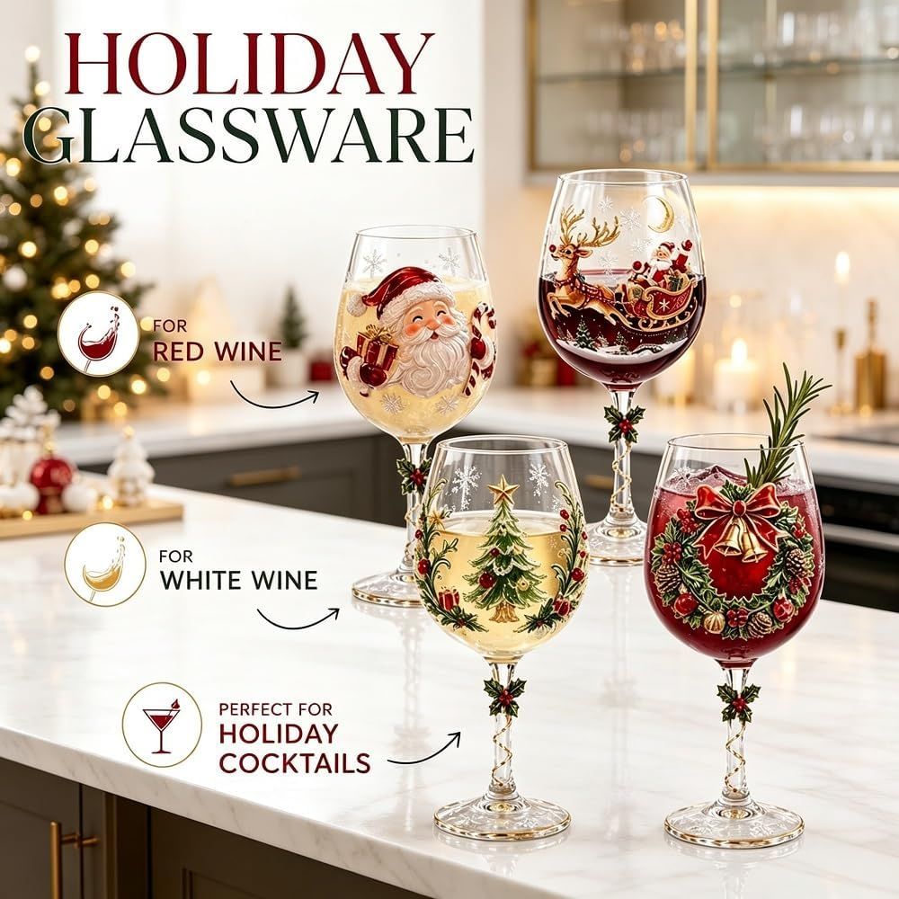 Christmas Wine Glasses Set of 6, Painted Holiday Wine Glass, Santa Snowman Wreath Glasses, Christmas Gift Box, Festive Glassware